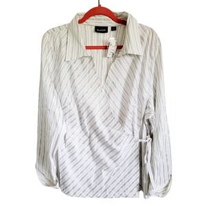 Avenue 22/24‎ Button Up Blouse White/Gray Stripes Side Tie L/S Plunging Neck NWT